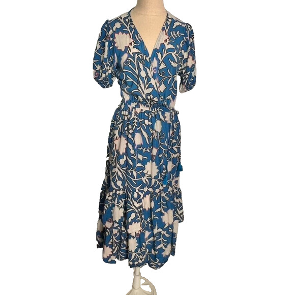 Knox Rose Maxi Dress Womens Medium Blue Short Sleeve Wrap Floral Tiered Tassel - Picture 2 of 14